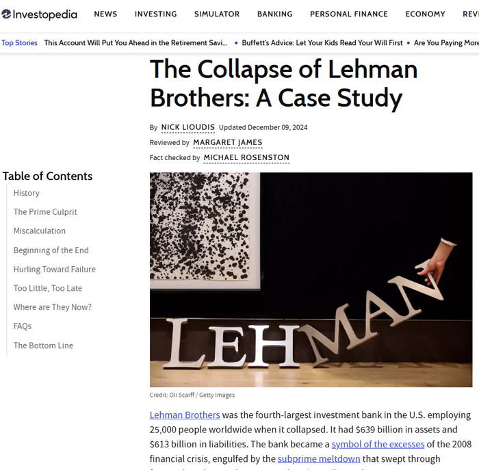 Screenshot of an Investopedia article titled 'The Collapse of Lehman Brothers: A Case Study,' featuring a table of contents and an image of the word 'LEHMAN' being dropped.